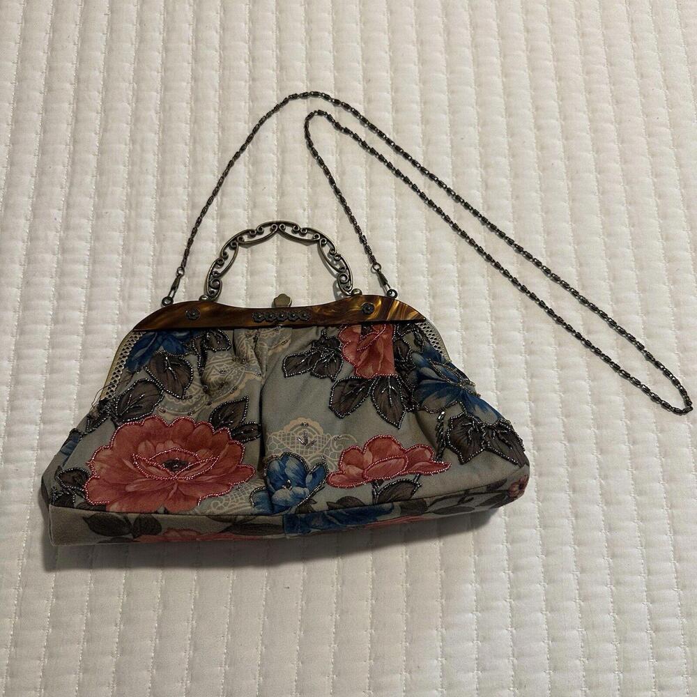 Floral Beaded Bead Purse Handbag With Shoulder Chain Orange And Blue Flower